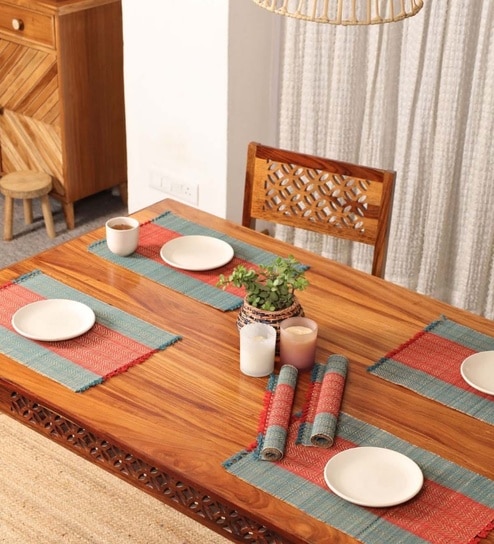 Natural Grass Handmade Heat Resistant Crystal Teal & Red 6 Seater Set of 6 (12x18inches) Table Placemats