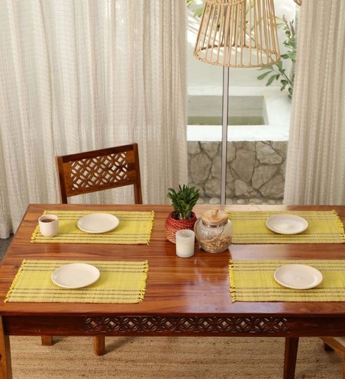 Natural Grass Handmade Heat Resistant Lemon Yellow & Purple 4 Seater Set of 4 (12x18inches) Table Placemats