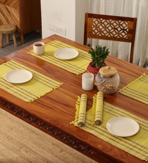 Natural Grass Handmade Heat Resistant Lemon Yeloow & Purple 6 Seater Set of 6 (12x18inches) Table Placemats