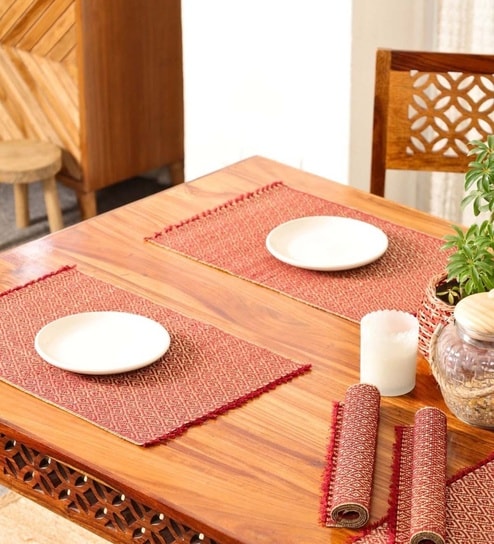 Natural Grass Handmade Heat Resistant Maroon 6 Seater Set of 6 (12x18inches) Table Placemats