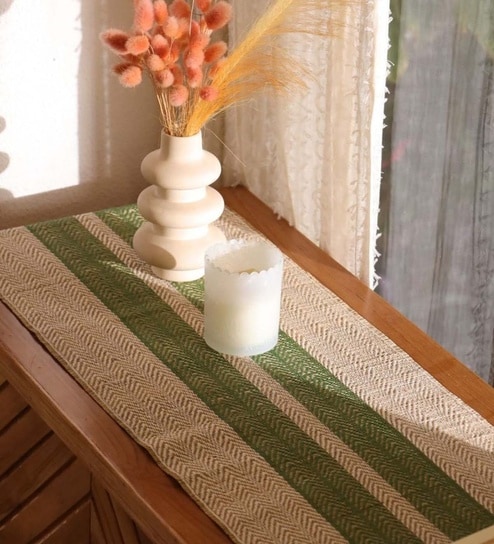 Natural Grass Handmade Heat Resistant Olive Green & Off-white 4 Seater (12x60inches) Table Runner