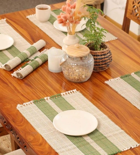 Natural Grass Handmade Heat Resistant Olive Green & Off White 6 Seater Set of 6 (12x18inches) Table Placemats
