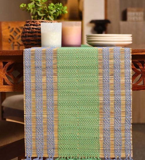 Natural Grass Handmade Heat Resistant Powder Blue & Aqua Green 6 Seater (12x72inches) Table Runner