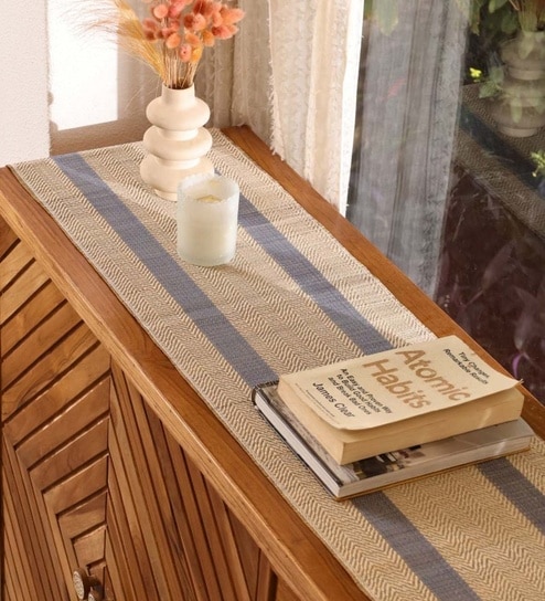 Natural Grass Handmade Heat Resistant Powder Blue & Off-white 6 Seater (12x72inches) Table Runner