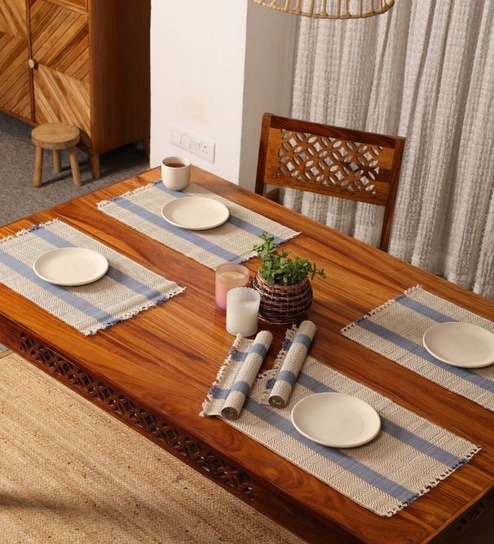 Natural Grass Handmade Heat Resistant Powder Blue & Off White 6 Seater Set of 6 (12x18inches) Table Placemats