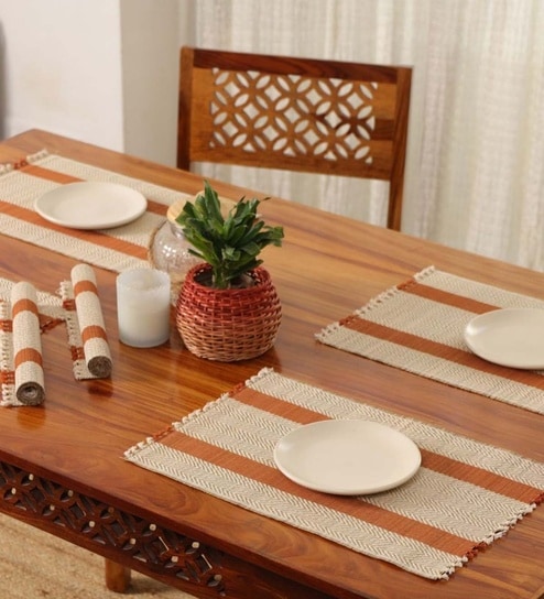 Natural Grass Handmade Heat Resistant Rust & Off White 6 Seater Set of 6 (12x18inches) Table Placemats