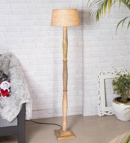 Beige Cotton Shade Floor Lamp With Wooden Base