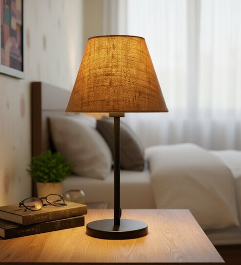 Natural Jute Fabric Shade Table Lamp, Modern Bedside & Desk Lamp with Metal Base for Bedroom, Living Room & Home Decor