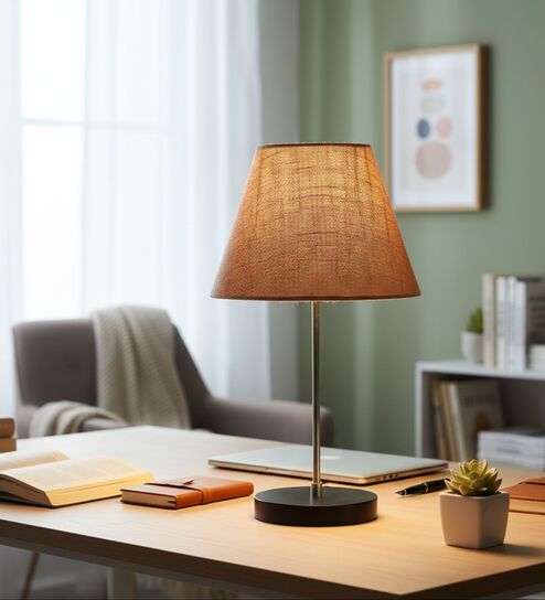 Natural Jute Fabric Shade with Modern Silver & Black Table Lamp for Bedroom & Living Room