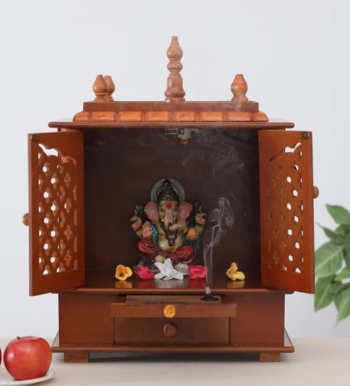 Brown Sheesham Wood & MDF Floor Rested Mandir With Door