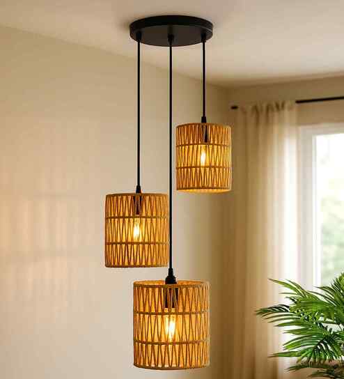 Natural Raffia Triple Pendant Cluster Light