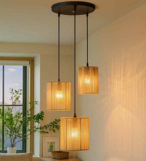 Natural Raffia Triple Pendant Cluster Light