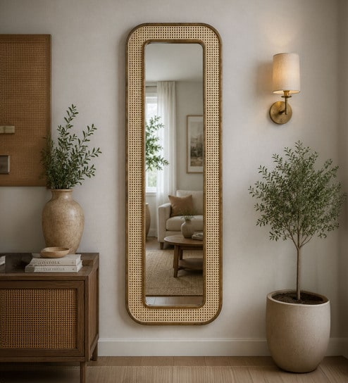 Natural Solid Wood Cane Mirror 6 Ft. Rectangular Wall Mirror