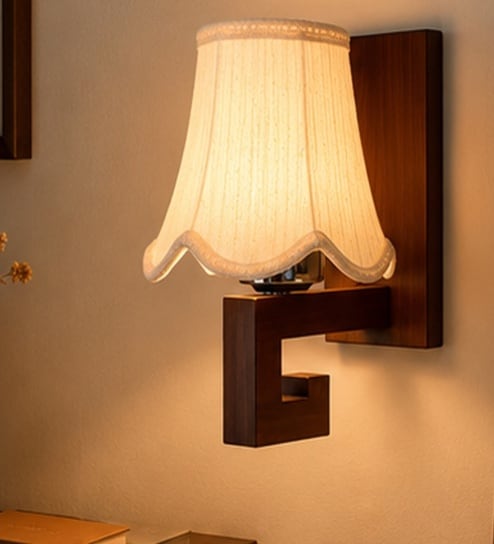 Natural Wood Decorative Wall Sconce with Off-White Cotton Shade