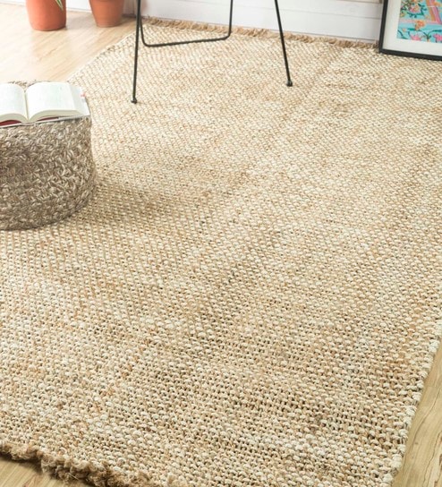 Buy Beige Plain Solids Pattern Hand Woven Jute Carpet 8 X 5 Feet