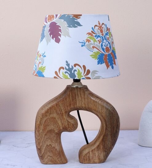 Natures Beauty Mangowood Table Lamp With English Oak Print Satin Shade