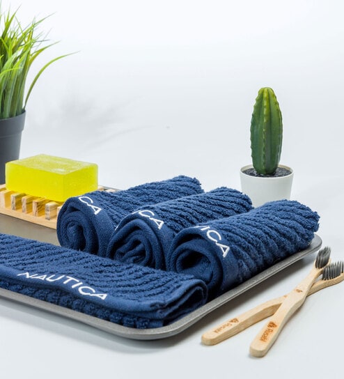 Navy Blue Fluffy Zero Twist 100% Cotton Solid Face Towel - Pack of 4