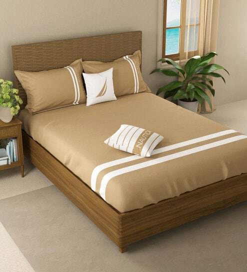 Beige 100% Egyptian Satin Cotton Solid King Bedsheet With 2 Pillow Covers