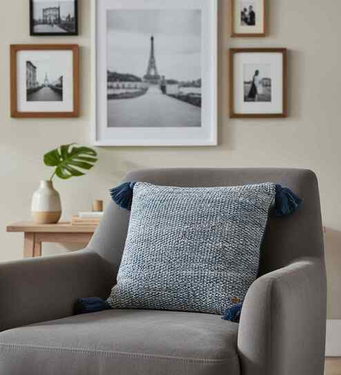 Navy & Natural 100% Cotton Moss 16X16 Inches Knitted Cushion Cover