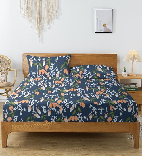 Navy & Orange Glace Cotton Floral Print Elastic Fitted King Bedsheet With 2 Pillow Covers