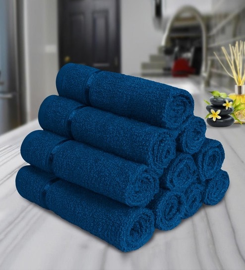 Blue Solid 450 GSM Cotton Face Towel Sets (Set of 10)