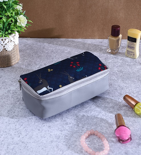 Navy Blue & Grey Deer Printed Make Up Pouch