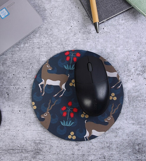 Navy Blue & Grey Deer Printed Round Mousepad