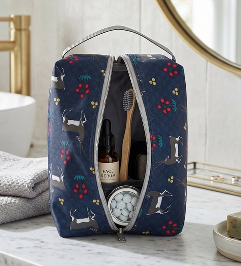 Navy Blue & Grey Deer Printed Toiletry Pouch