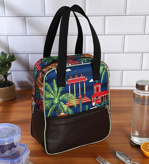 Navy Blue & House Printed Long Insulated Lunch Bag