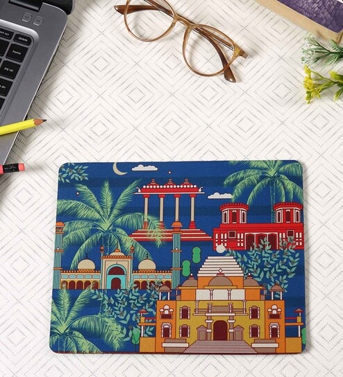 Navy Blue & House Printed Rectangle Mousepad