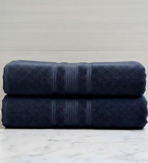 Navy Blue Soft Cotton 500 GSM Solid Bath Towel Pack Of 2