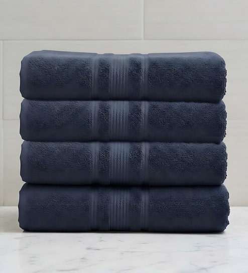 Navy Blue Soft Cotton 500 GSM Solid Bath Towel Pack Of 4