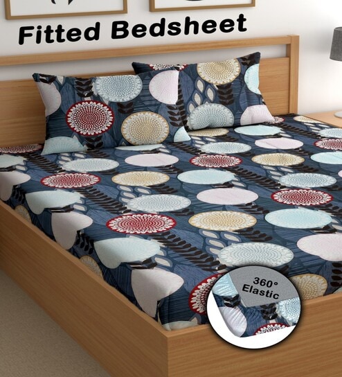 Navy Blue 180 TC Floral Cotton Fitted Double Bedsheet 2 Pillow covers