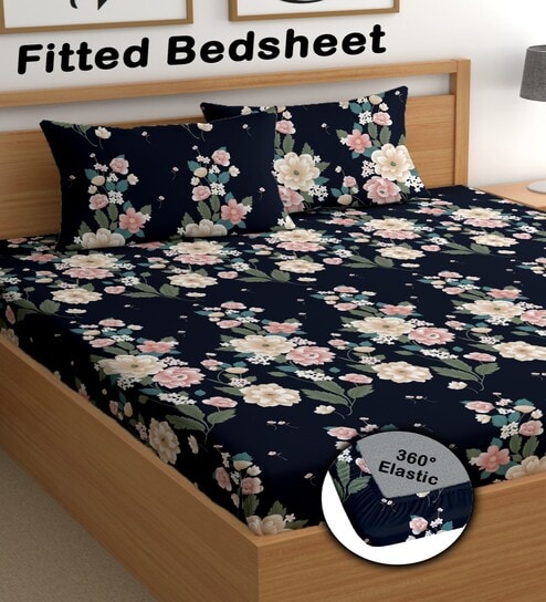 Navy Blue 180 TC Floral Cotton Fitted Double Bedsheet 2 Pillow covers