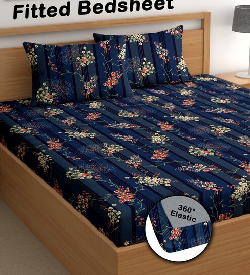 Navy Blue 200 TC Floral Cotton Fitted Double Bedsheet 2 Pillow covers