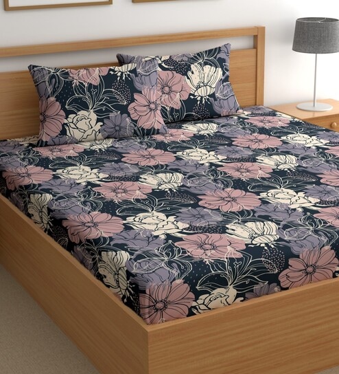 Navy Blue 200 TC Floral Cotton Queen Double Bedsheet 2 Pillow covers