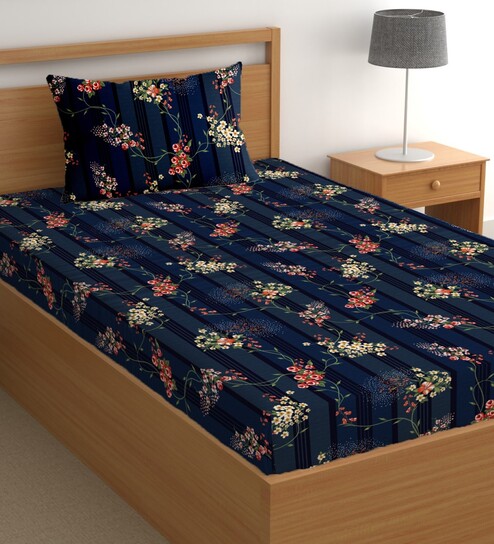 Navy Blue 200 TC Floral Cotton Single Bedsheet Pillow covers