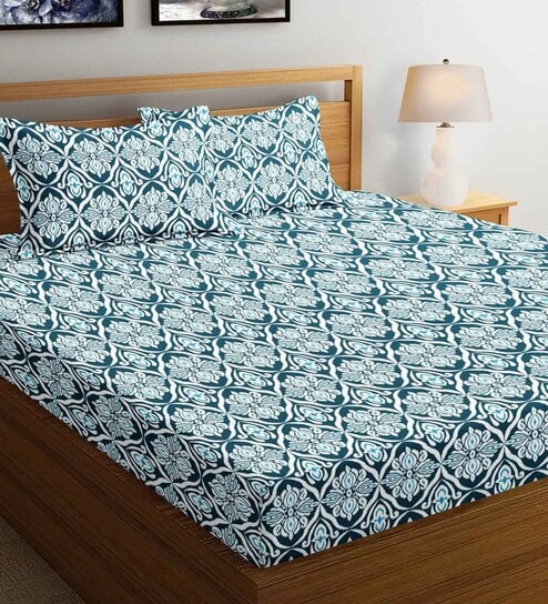 Navy Blue Abstract 144 TC 100% Cotton Fitted Bedsheet & 2 Pillow Covers