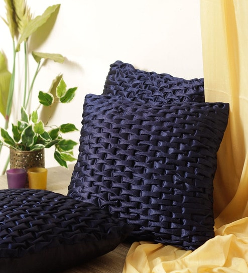 Navy Blue Chenille Geometric 40x40 inches Cushion Covers Set of 3