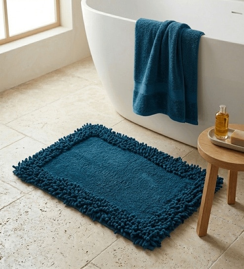 Navy Blue Cotton 16X24 Inches Anti-Skid Bath Mat