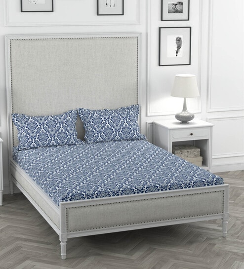 Navy Blue Floral 200 TC 100% Cotton King Sized Bedsheet With 2  Pillow Covers Solana Collection By Rosarahome