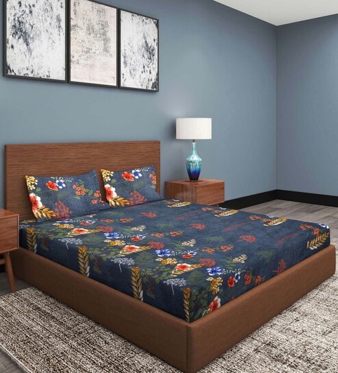 Blue Floral 186 TC Cotton Double Sized Bedsheet With 2 Pillow Covers