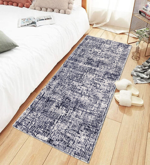 Navy Blue Geometric Microfiber 5 ft x 2 ft Machine Made Runner