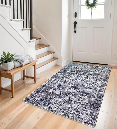 Navy Blue Abstract Nylon 3 X 5 Feet Machine Made Carpet