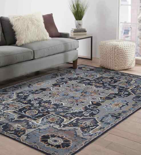Navy Blue Persian Polyester 5x8 Feet Machine Made Carpet