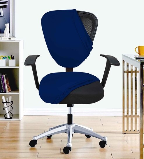 Navy Blue Polycotton Solid 18 x 18 Inches Elastic Stretchable Office Chair Covers (2 Pcs - Seat and Back)