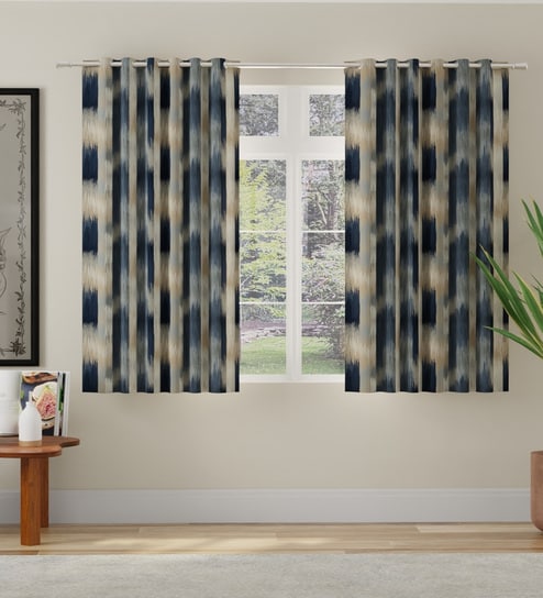 Navy Blue Polyester Abstract 5ft Room Darkening Eyelet Window Curtains (2 Pc)