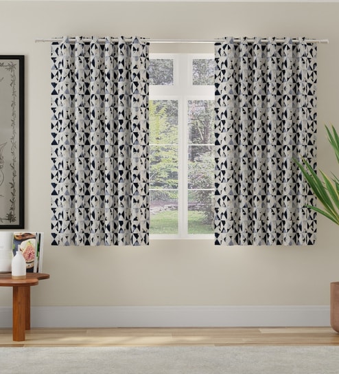 Navy Blue Polyester Abstract 5ft Room Darkening Eyelet Window Curtains (2 Pc)