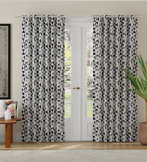 Navy Blue Polyester Abstract 7ft Room Darkening Eyelet Door Curtains (2 Pc)