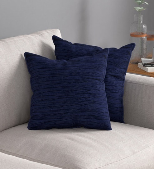 Navy Blue Textured Polyester 32 x 32 Inches Cushion Covers (Set of 2) by ROSARAHOME